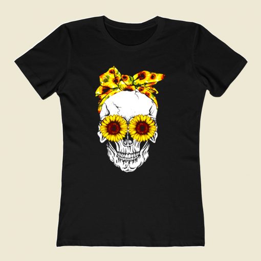 Lady Skull Sunflower 80s Womens T shirt