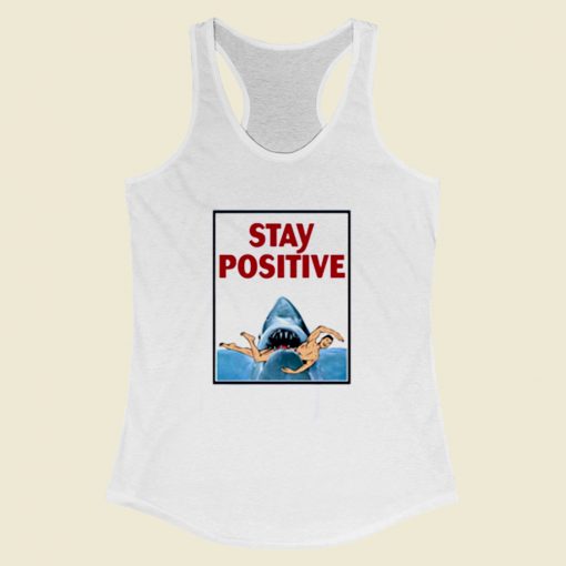 Funny Stay Positive Shark Attack Retro Comedy Women Racerback Tank Top