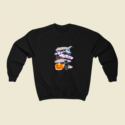 Pumpkin Black Cat Halloween 80s Fashionable Sweatshirt