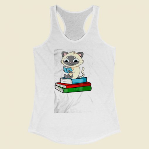 Siamese Cat Loves Books Women Racerback Tank Top