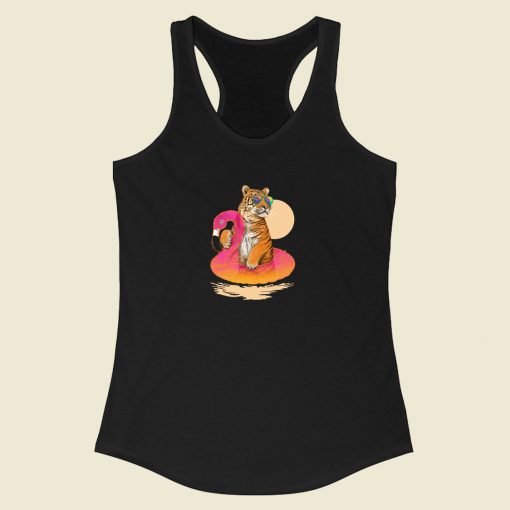 Tiger Chillin on Flamingo Float Racerback Tank Top