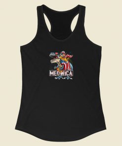 Cat Riding Dinosaur Meowica 80s Retro Racerback Tank Top