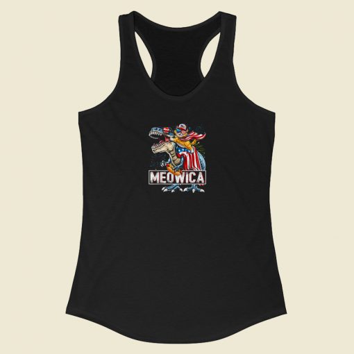 Cat Riding Dinosaur Meowica 80s Retro Racerback Tank Top