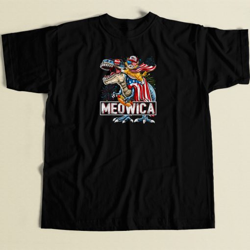 Cat Riding Dinosaur Meowica 80s Retro T Shirt Style