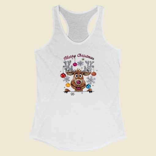 Reindeer Santa Glitter Effect 80s Retro Racerback Tank Top