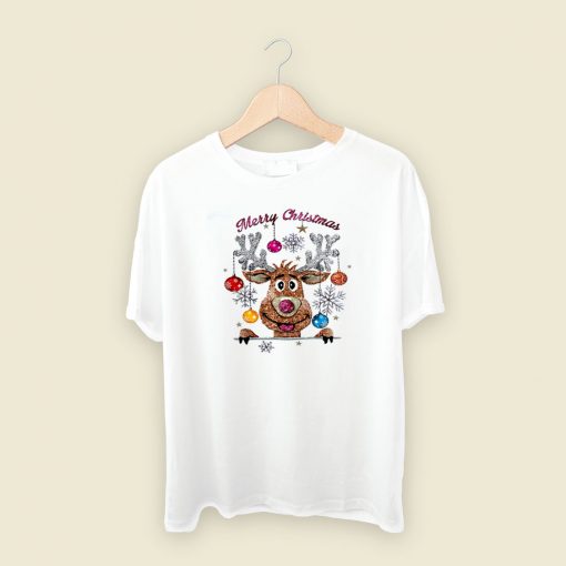 Reindeer Santa Glitter Effect 80s Retro T Shirt Style