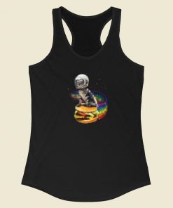 Astronaut Cat Rainbow Burger 80s Racerback Tank Top