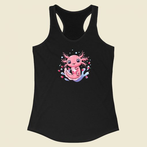 Kawaii Axolotl Strawberry Milkshake 80s Racerback Tank Top